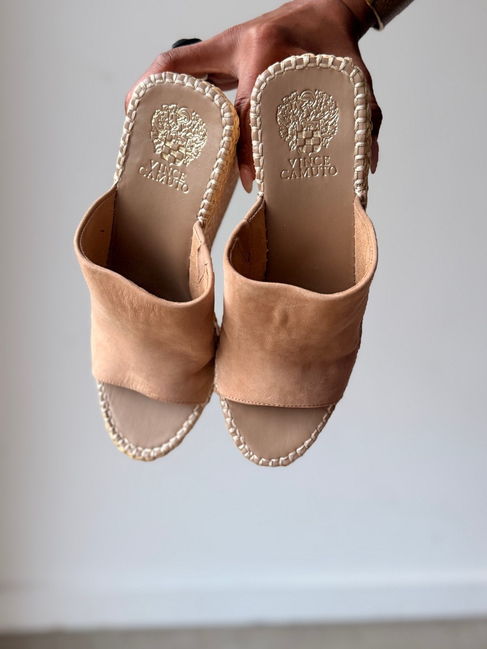 Vince Camuto Beige/Tan Suede Slide Mules with Braided Trim